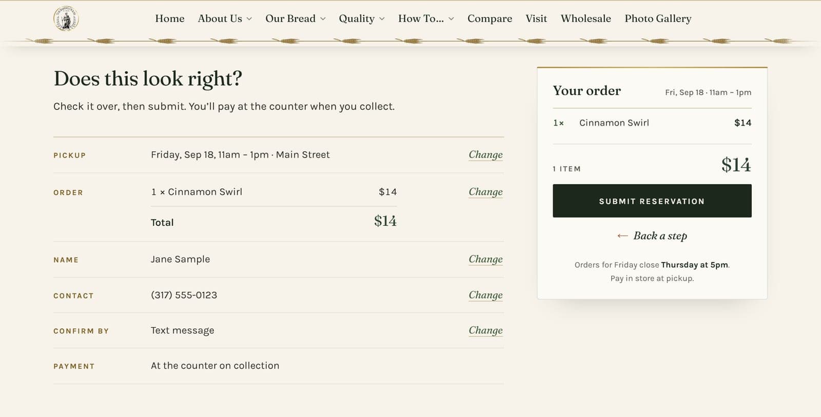 The review step, showing Confirm by: Text message, beside the Submit reservation button