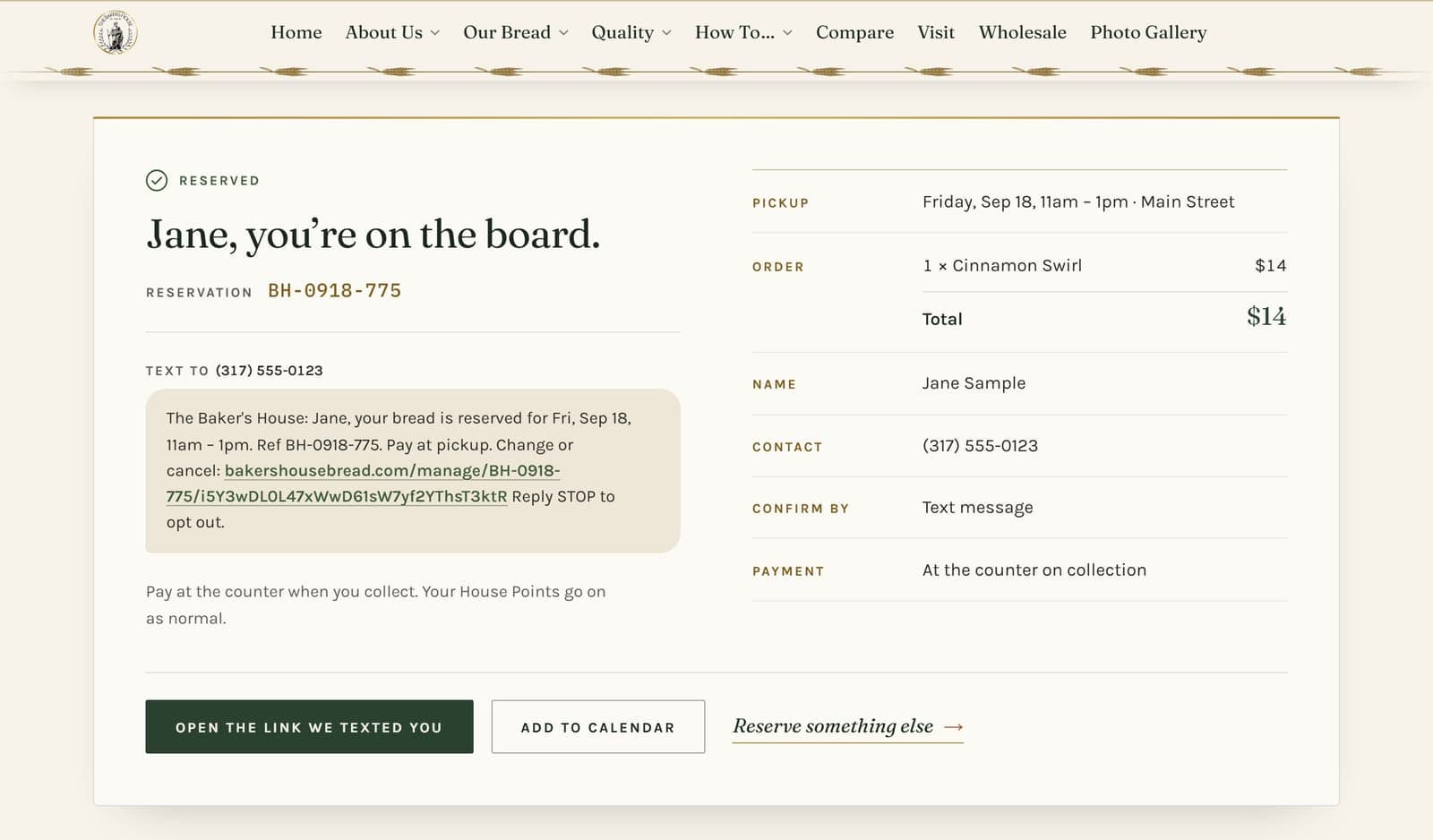 The confirmation screen: Jane, you’re on the board, with the confirmation text that was just sent to (317) 555-0123